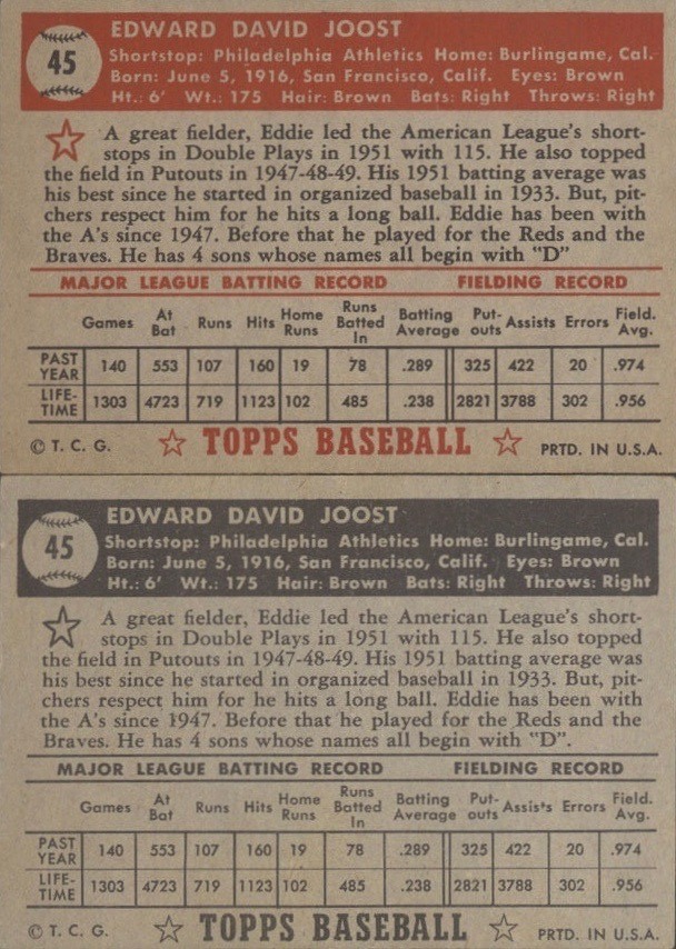 1952 Topps 45 Edward Joost Red and Black Back Variation Baseball Cards