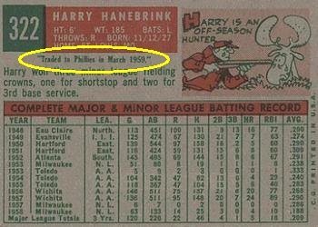 1959 Topps #322 Hank Hanebrink Baseball Card With Trade Statement On Reverse Variation