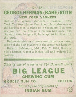 1933 Goudey #181 Babe Ruth Card Back Side 1933 Goudey #181 Babe Ruth Card Back Side