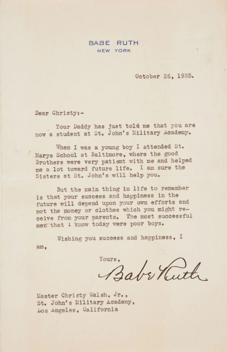 A Typed Letter That Was Signed By Babe Ruth A Typed Letter That Was Signed By Babe Ruth