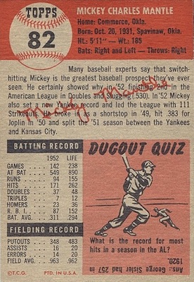 1953 Topps #82 Mickey Mantle Card Back Side With Biography and Stats 1953 Topps #82 Mickey Mantle Card Back Side With Biography and Stats