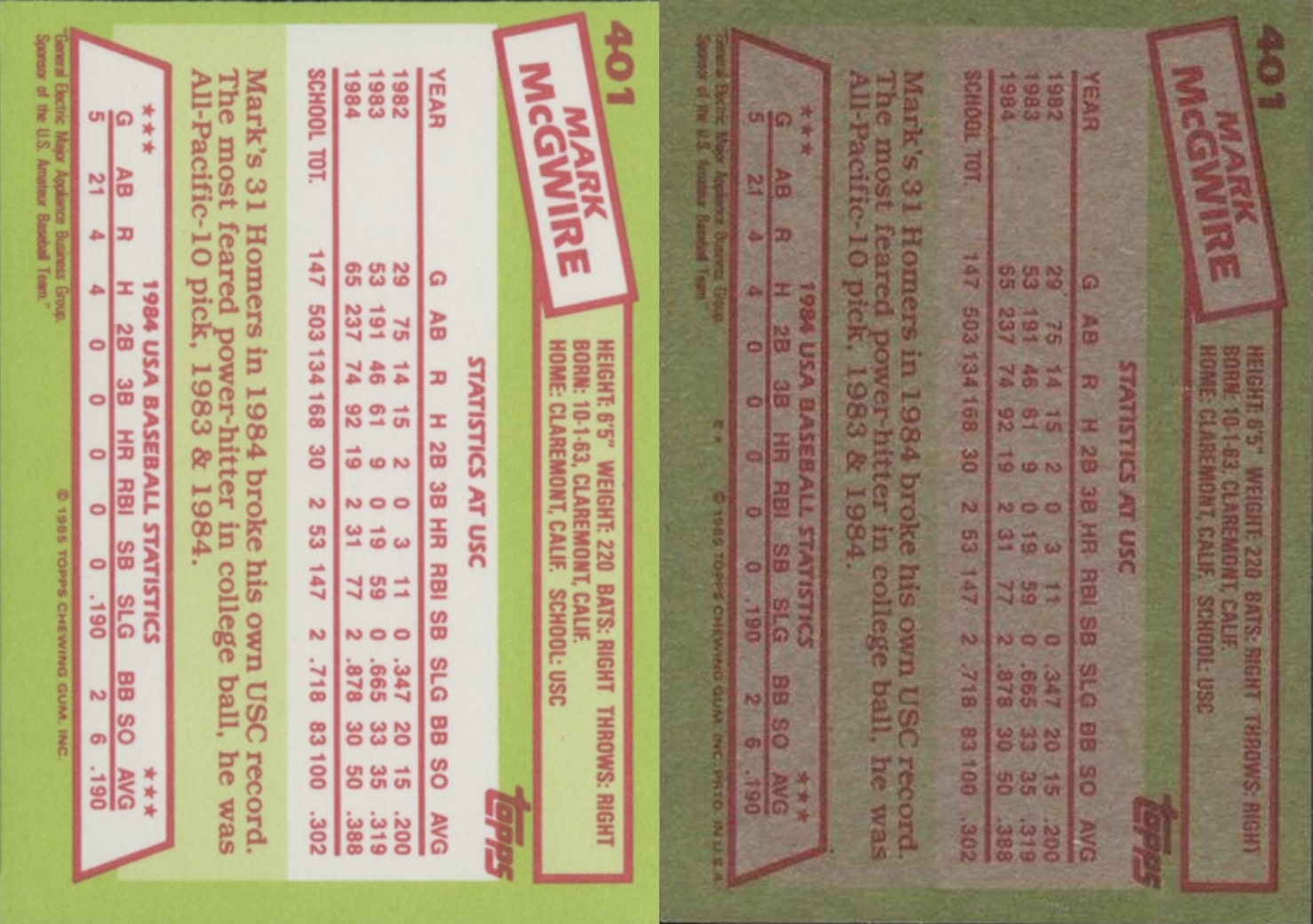 1985 Topps Tiffany Mark McGwire Reverse Side 1985 Topps Tiffany Mark McGwire Reverse Side