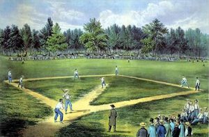 People playing baseball in on an old baseball field