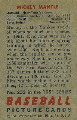 1951 Bowman #253 Mickey Mantle Rookie Card Reverse Side
