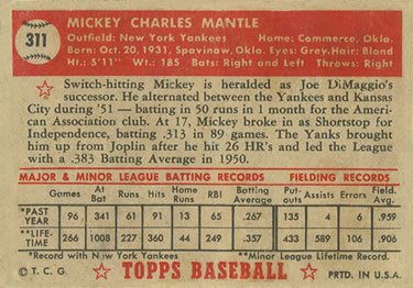1952 Topps #311 Mickey Mantle Rookie Card Reverse Side