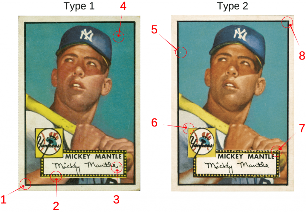 1952 Topps Mickey Mantle Card Type 1 and Type 2 Comparison