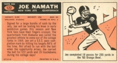 1965 Joe Namath Rookie Card Reverse Side