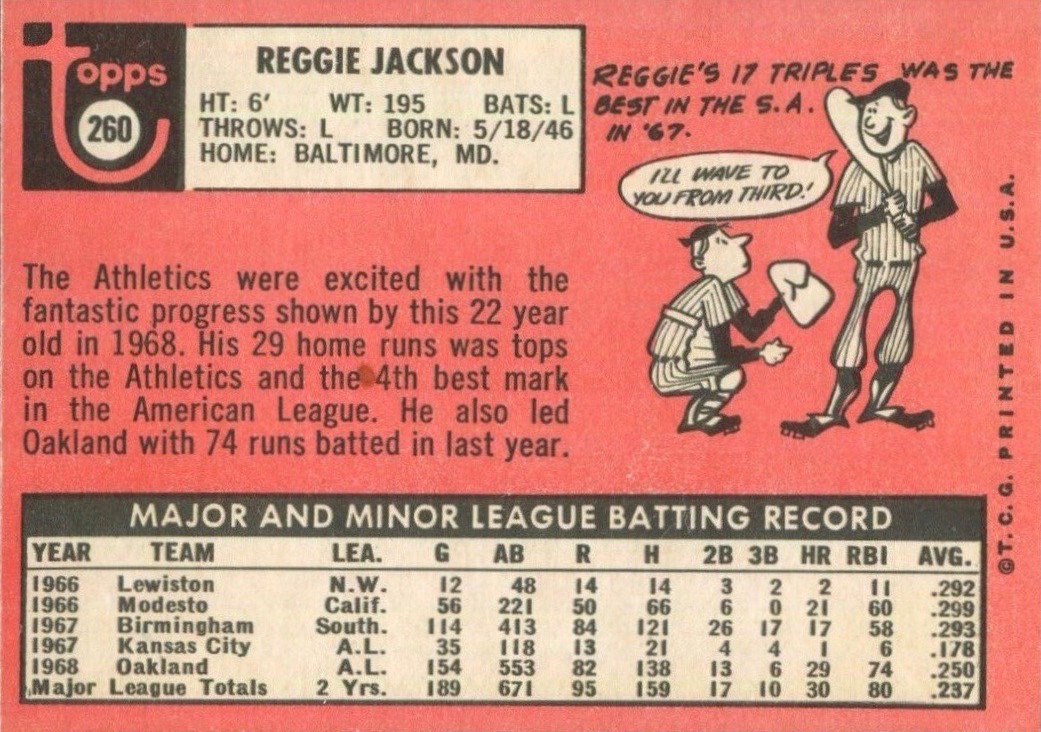 1969 Topps #260 Reggie Jackson Rookie Card Reverse Side With Bio and Stats
