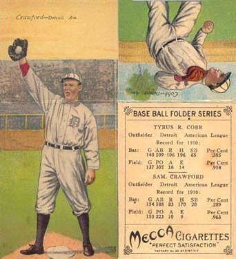 1911 T201 Mecca Double Folders Ty Cobb Baseball Card With Crawford 1911 M116 Sporting Life Ty Cobb Baseball Card With Pastel Background