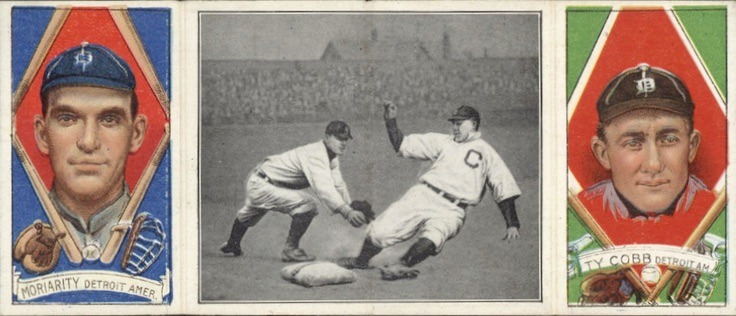 1912 T202 Hassan Triple Folders Baseball Card Good Play at Third George Moriarty Ty Cobb 1912 T202 Hassan Triple Folders Baseball Card Good Play at Third George Moriarty Ty Cobb