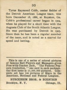 1914 Cracker Jack Ty Cobb Card Reverse Side Showing