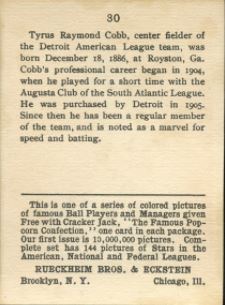 1914 Cracker Jack Ty Cobb Card Reverse Side Showing 1914 Cracker Jack Ty Cobb Card Reverse Side Showing