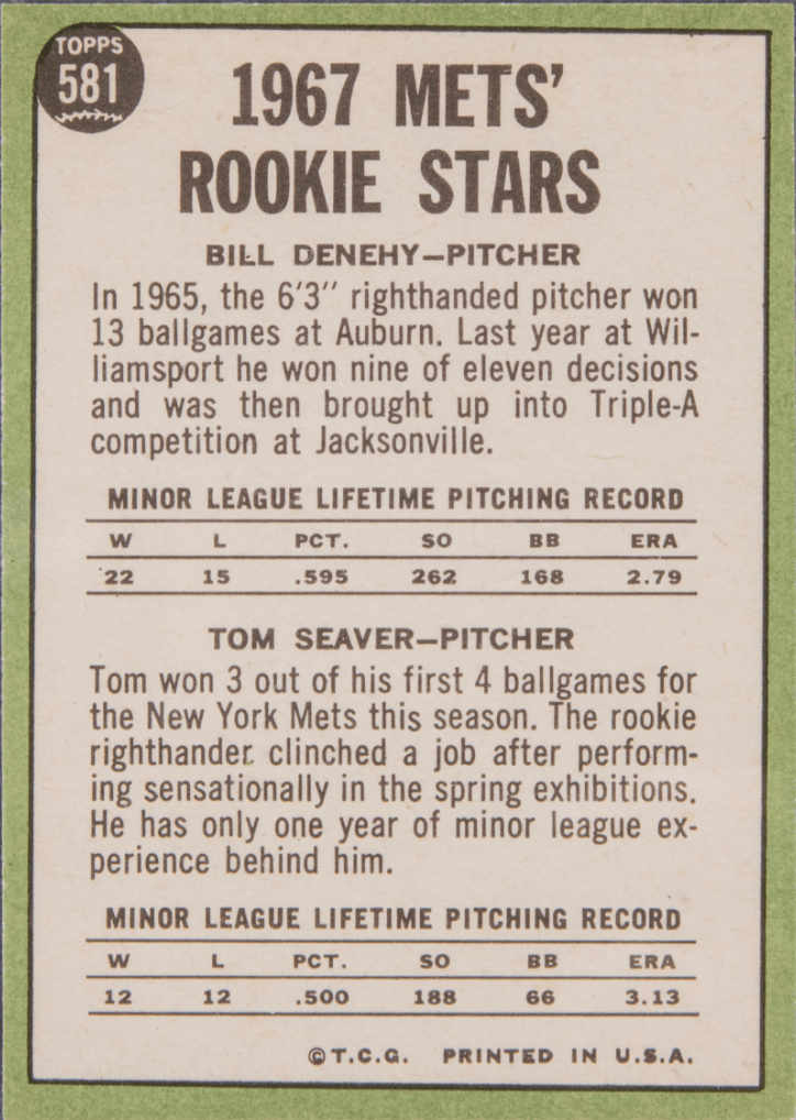 1967 Topps #581 Tom Seaver Rookie Card Reverse Side With Bio and Stats