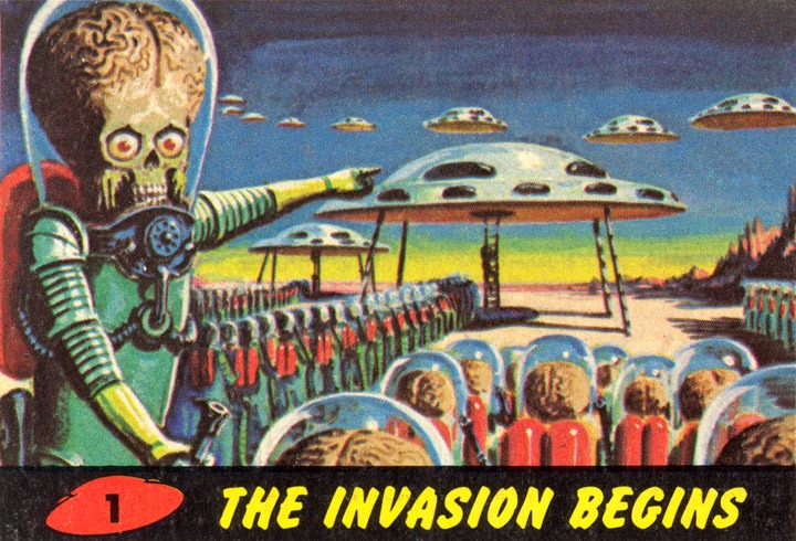 1962 Topps Mars Attacks Card #1 The Invasion Begins 1962 Topps Mars Attacks Card #1 The Invasion Begins