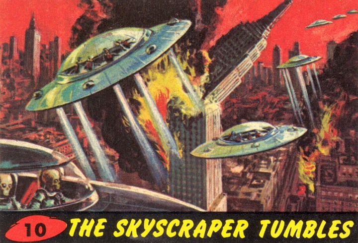 1962 Topps Mars Attacks Card #10 The Skyscraper Tumbles 1962 Topps Mars Attacks Card #10 The Skyscraper Tumbles