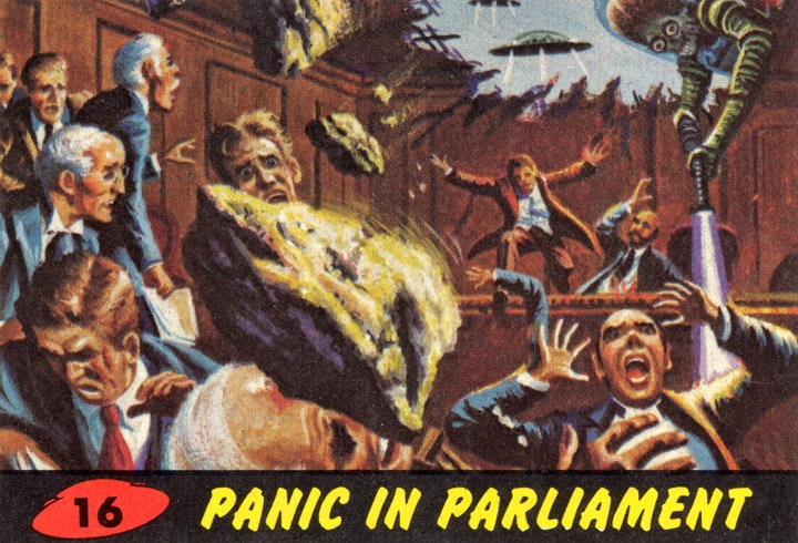 1962 Topps Mars Attacks Card #16 Panic In Parliament 1962 Topps Mars Attacks Card #16 Panic In Parliament