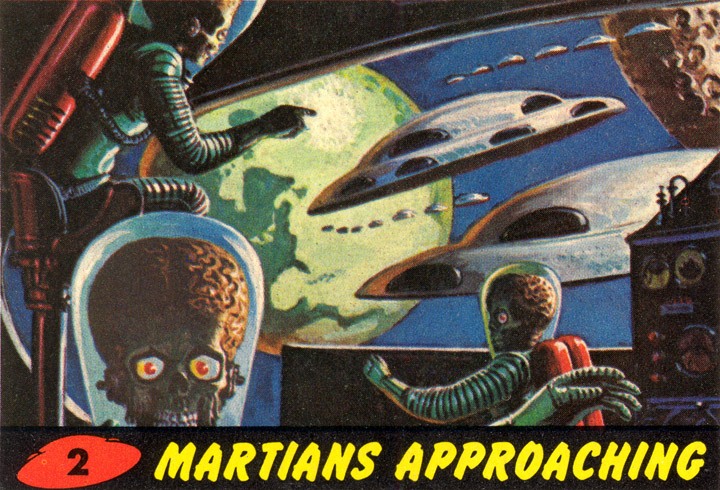 1962 Topps Mars Attacks Card #2 Martians Approaching 1962 Topps Mars Attacks Card #2 Martians Approaching