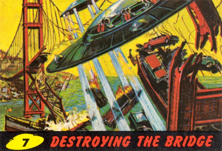 1962 Topps Mars Attacks Card #7 Destroying the Bridge