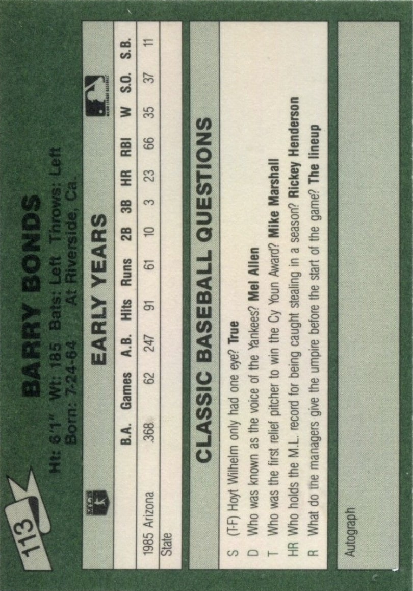 1987 Classic Travel #113g Barry Bonds Card Reverse Side in Green 1987 Classic Travel #113g Barry Bonds Card Reverse Side in Green