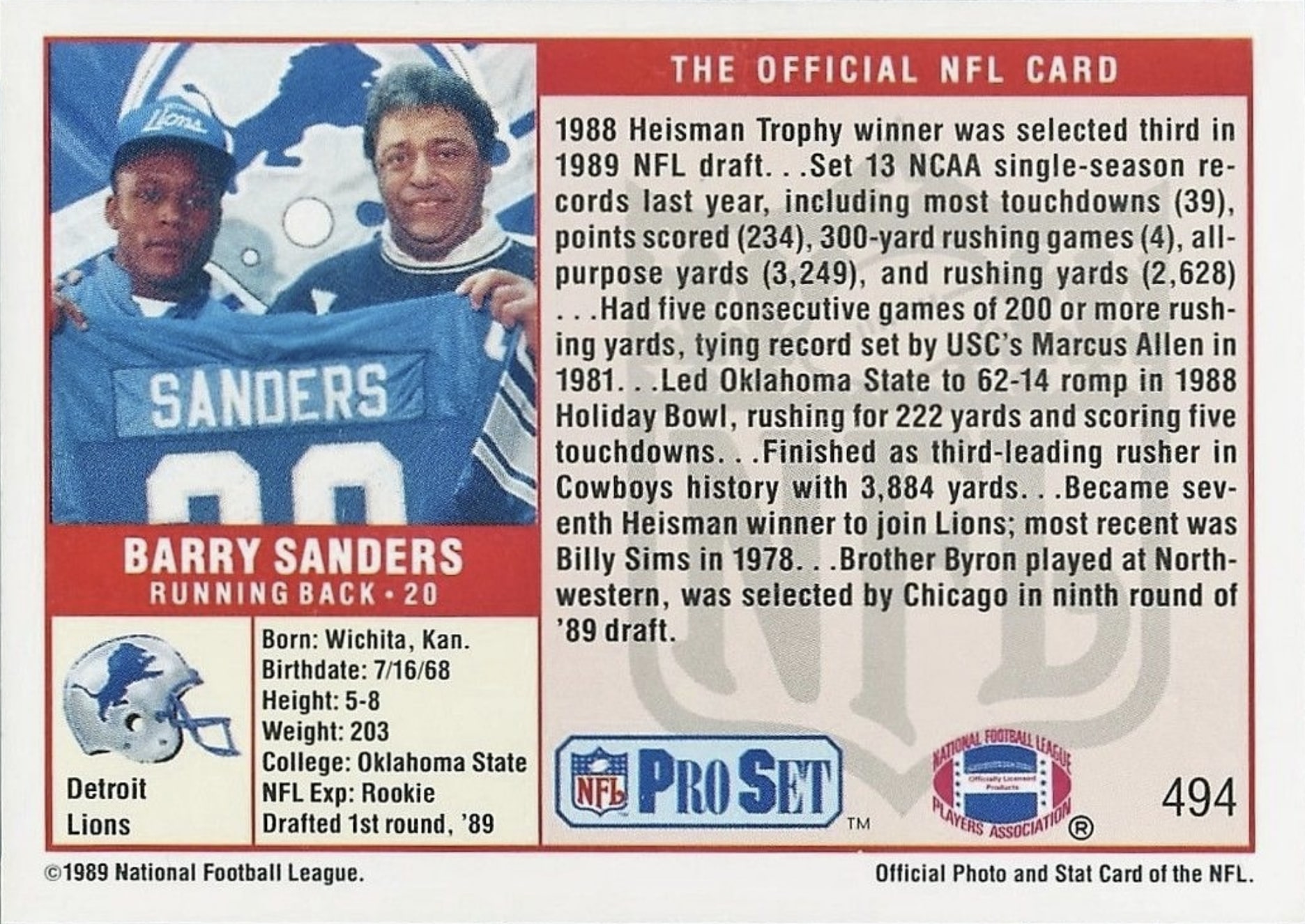 1989 Pro Set #494 Barry Sanders Football Card Reverse Side With Stats And Biography
