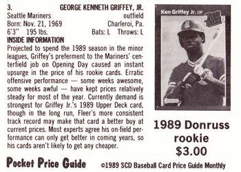 1989 SCD Baseball Card Price Guide Pocket Price Guide Griffey Jr. #3 Baseball Card Back Side