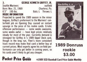 1989 SCD Baseball Card Price Guide Pocket Price Guide Griffey Jr. #3 Baseball Card Back Side 1989 SCD Baseball Card Price Guide Pocket Price Guide Griffey Jr. #3 Baseball Card Back Side