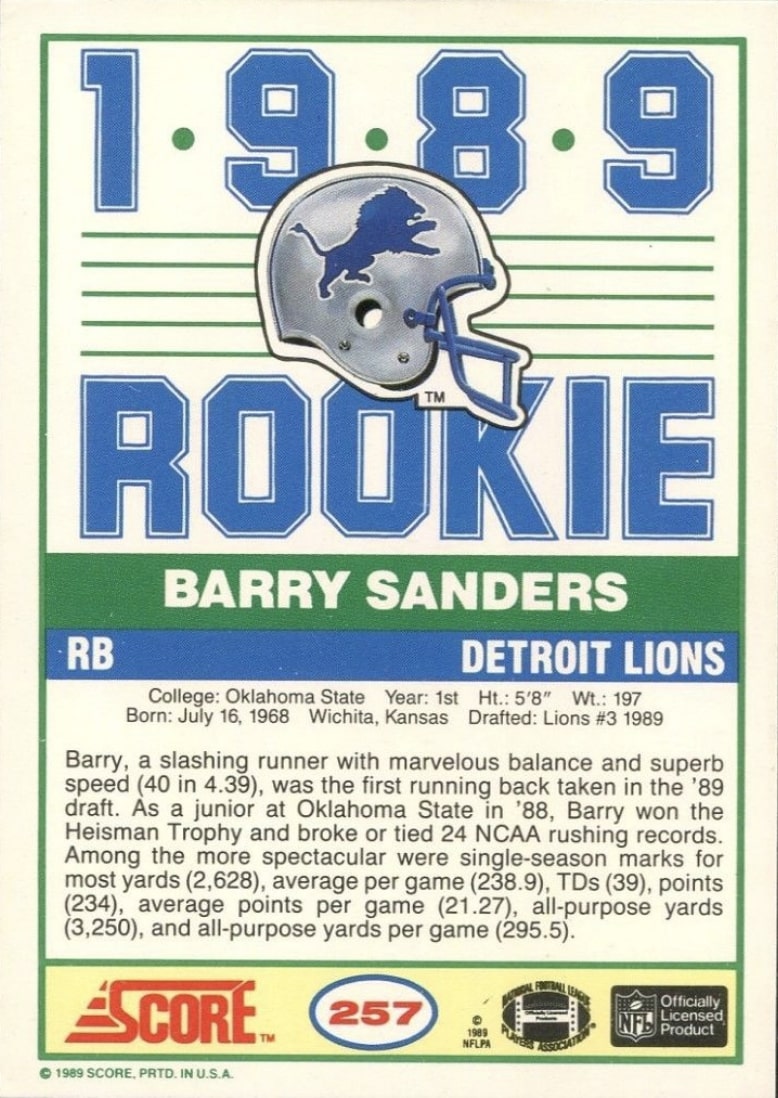 1989 Score #257 Barry Sanders Rookie Card Reverse Side With Stats And Biography