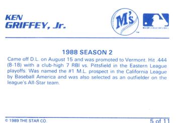 1989 Star Blue-Blue White Back #5 Ken Griffey Jr. Baseball Card Back Side 1989 Star Blue-Blue White Back #5 Ken Griffey Jr. Baseball Card Back Side