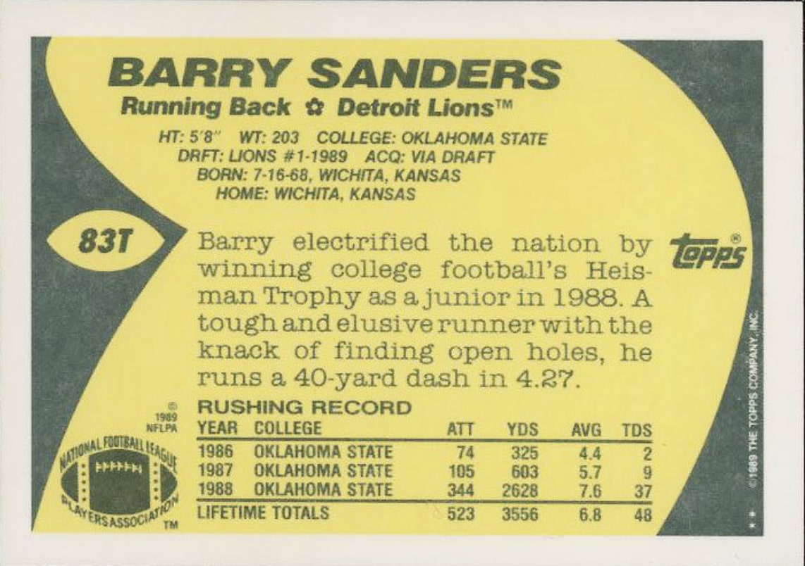 1989 Topps Traded #83T Barry Sanders Football Card Reverse Side With Stats And Biography