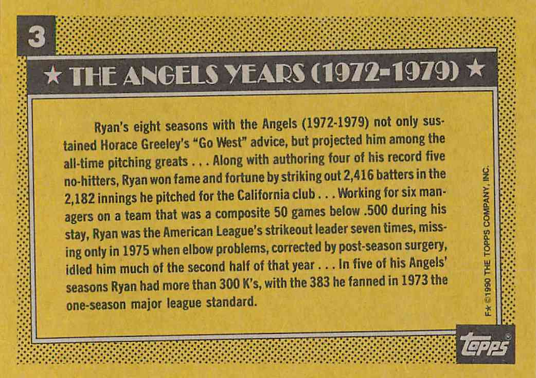 1990 Topps #3 Nolan Ryan (The Angels Years) Baseball Card Back Side With Summary Of Career With Angels 1990 Topps #3 Nolan Ryan (The Angels Years) Baseball Card Back Side With Summary Of Career With Angels