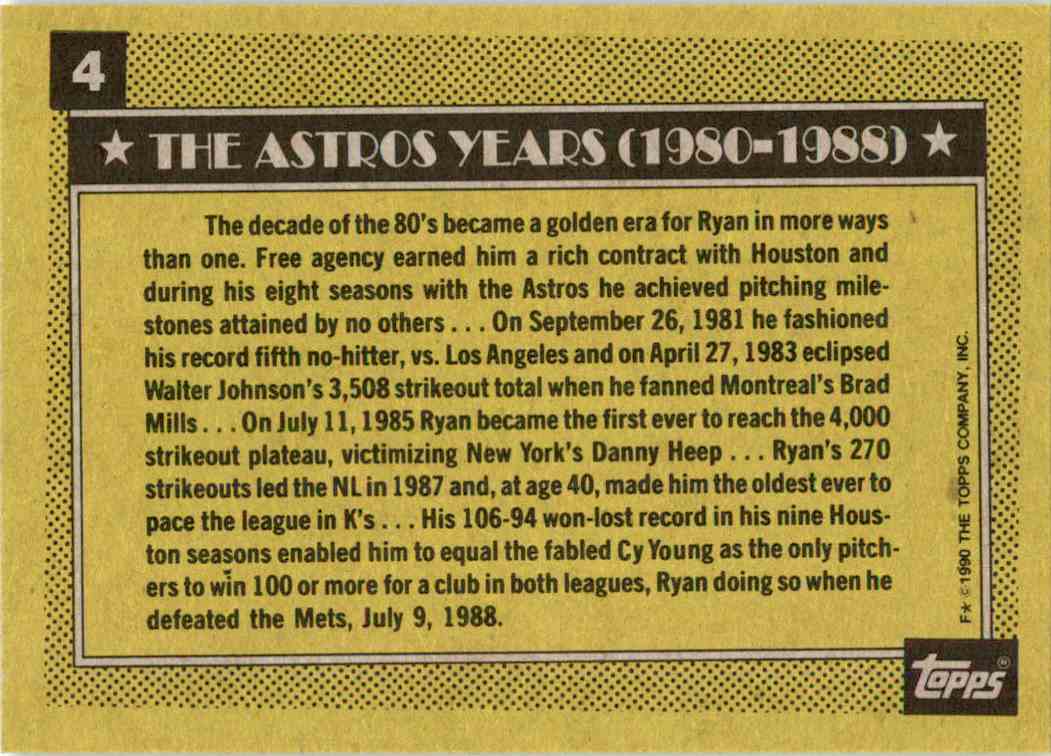 1990 Topps #4 Nolan Ryan (The Astros Years) Baseball Card Back Side With Summary Of Career With Astros 1990 Topps #4 Nolan Ryan (The Astros Years) Baseball Card Back Side With Summary Of Career With Astros