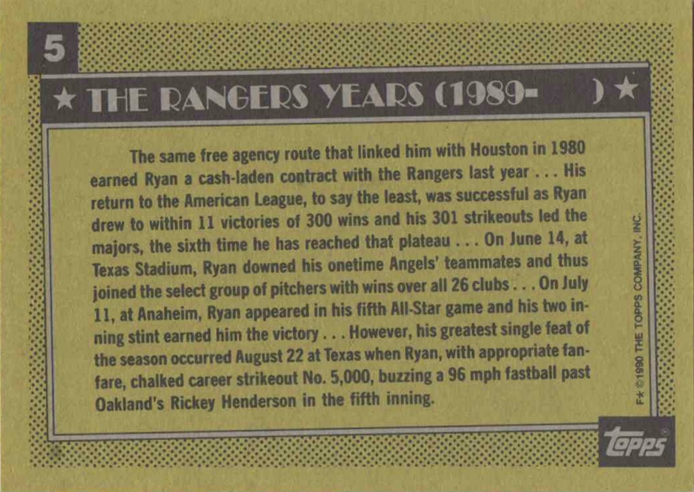 1990 Topps #5 Nolan Ryan (The Rangers Years) Baseball Card Back With Summary Of Career With Rangers 1990 Topps #5 Nolan Ryan (The Rangers Years) Baseball Card Back With Summary Of Career With Rangers