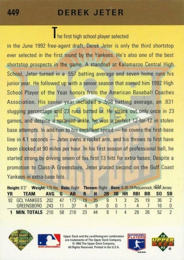 1993 Upper Deck #449 Derek Jeter Golden Hologram Baseball Card Reverse Side 1993 Upper Deck #449 Derek Jeter Golden Hologram Baseball Card Reverse Side