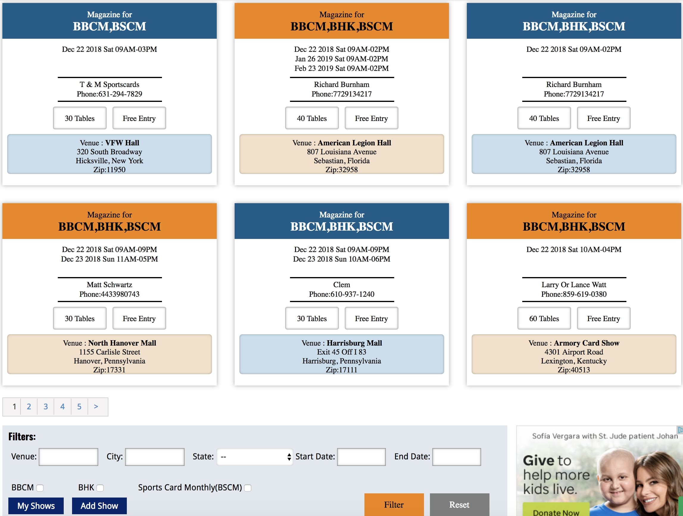 Local Baseball Card Show Calendar