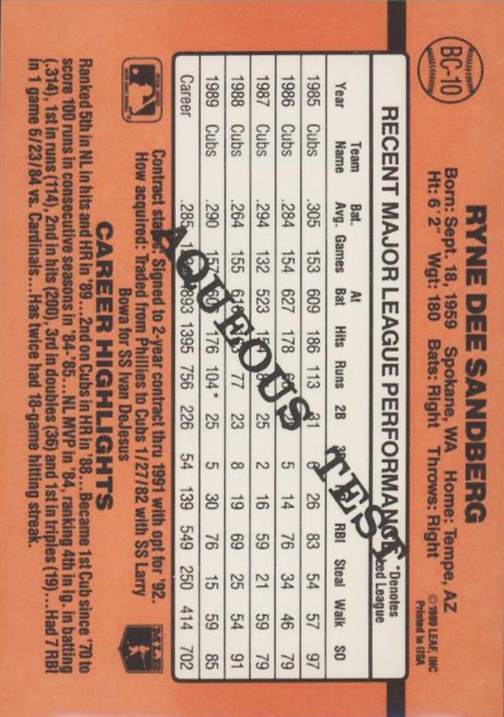 1990 Donruss Aqueous Test Ryne Sandberg Baseball Card 1990 Donruss Aqueous Test Ryne Sandberg Baseball Card