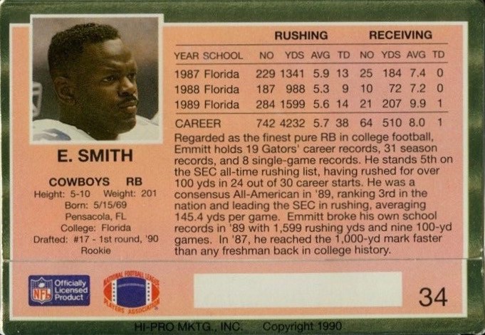 1990 Action Packed #34 Emmitt Smith Rookie Card Reverse Side With Statistics and Biography