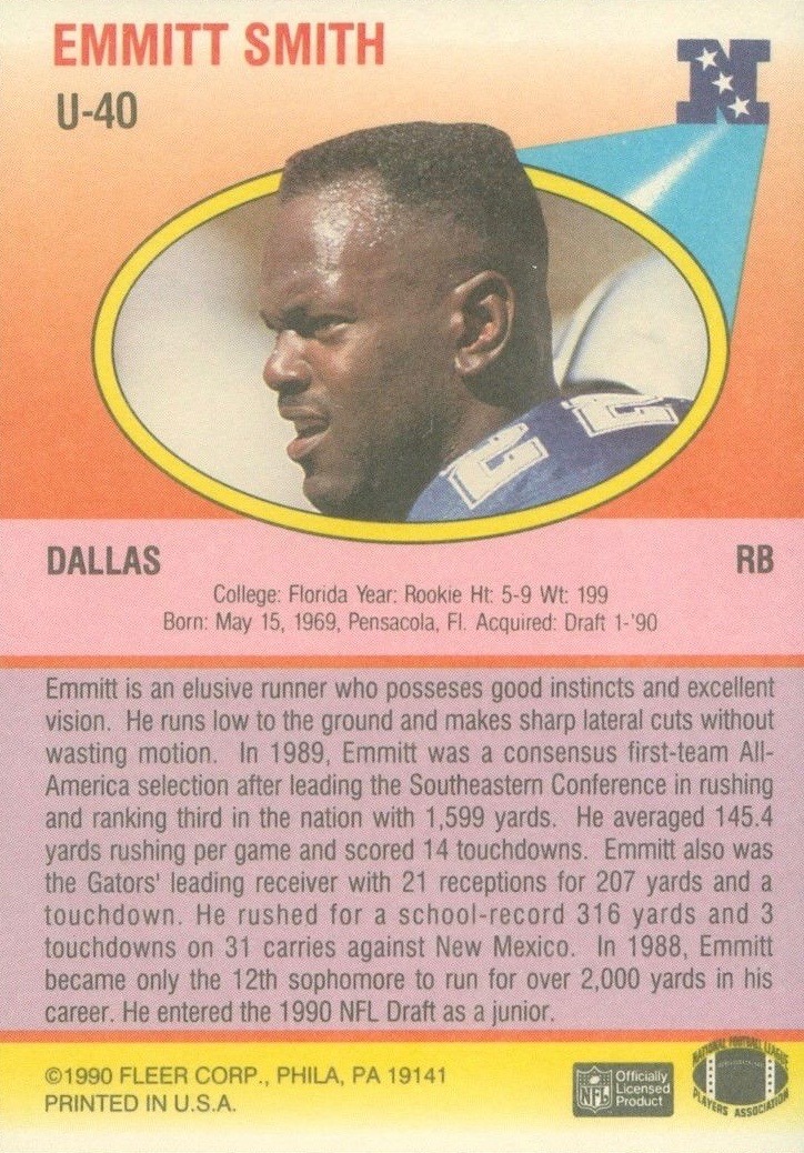 1990 Fleer Updated #U40 Emmitt Smith Football Card Reverse Side With Statistics and Biography