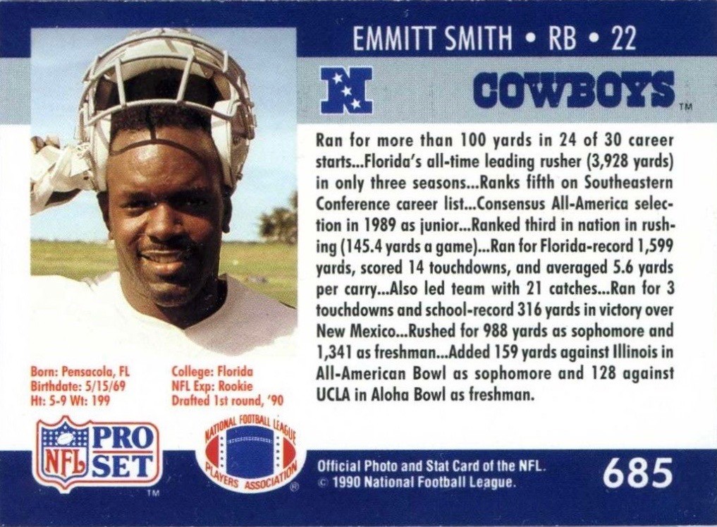 1990 Pro Set #685 Emmitt Smith Rookie Card Reverse Side With Statistics and Biography