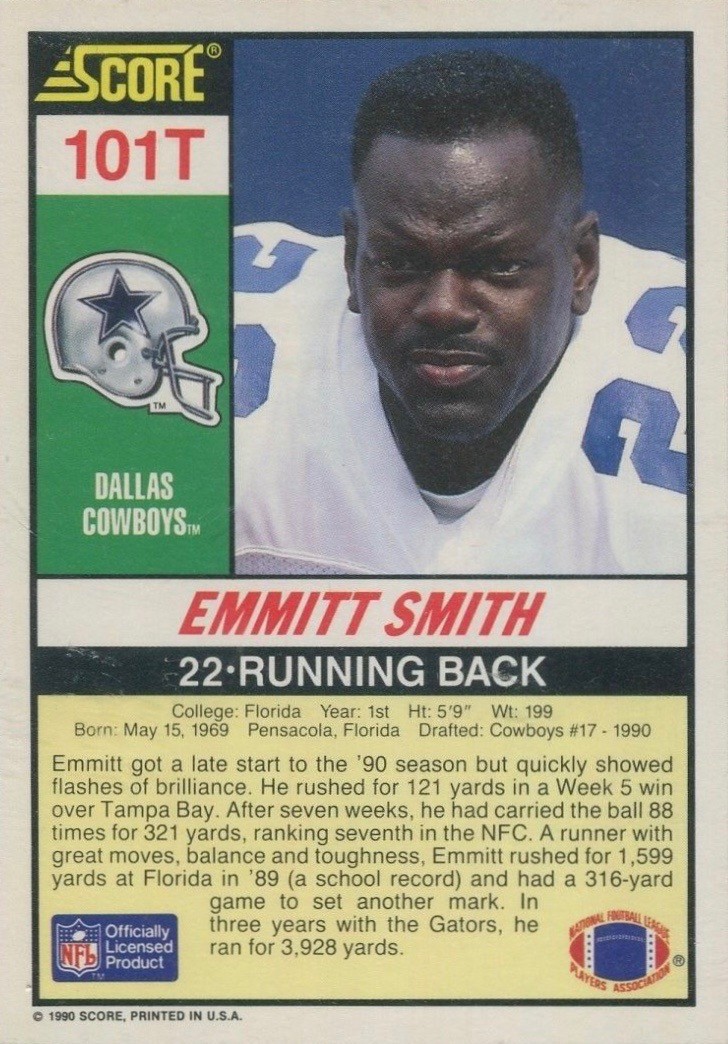 1990 Score Supplemental #101T Emmitt Smith Football Card Reverse Side With Statistics and Biography