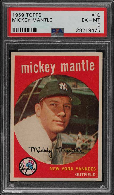 1959 Topps #10 Mickey Mantle Baseball Card Graded PSA 6 Excellent-Mint Condition