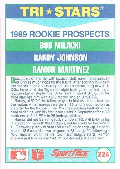 1989 Sportflics Randy Johnson Baseball Card Reverse Side with Stats and Biography 1989 Sportflics Randy Johnson Baseball Card Reverse Side with Stats and Biography