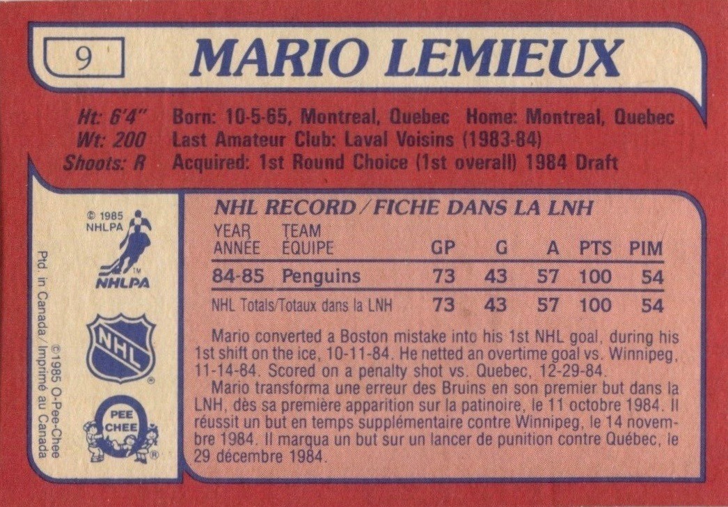 1985 O-Pee-Chee #9 Mario Lemieux Hockey Card Reverse Side With Statistics and Biography 1985 O-Pee-Chee #9 Mario Lemieux Hockey Card Reverse Side With Statistics and Biography