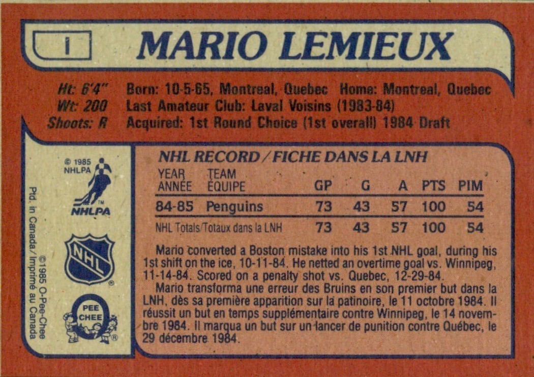 1985 O-Pee-Chee Box Bottoms I Mario Lemieux Hockey Card Reverse Side With Statistics and Biography 1985 O-Pee-Chee Box Bottoms I Mario Lemieux Hockey Card Reverse Side With Statistics and Biography