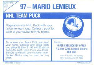 1985 O-Pee-Chee Stickers #97 Mario Lemieux Rookie Hockey Card Reverse Side With Statistics and Biography