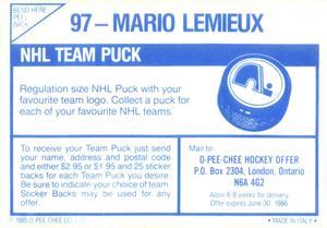 1985 O-Pee-Chee Stickers #97 Mario Lemieux Rookie Hockey Card Reverse Side With Statistics and Biography 1985 O-Pee-Chee Stickers #97 Mario Lemieux Rookie Hockey Card Reverse Side With Statistics and Biography