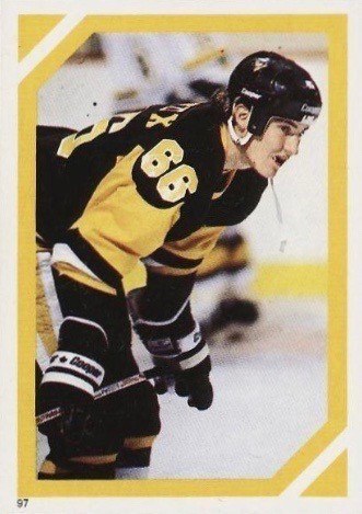 1985 O-Pee-Chee Stickers #97 Mario Lemieux Rookie Hockey Card 1985 O-Pee-Chee Stickers #97 Mario Lemieux Rookie Hockey Card