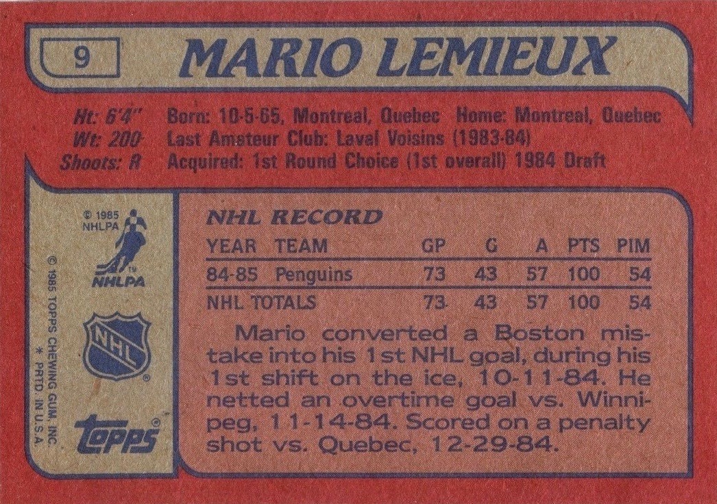 1985 Topps #9 Mario Lemieux Hockey Card Reverse Side With Statistics and Biography 1985 Topps #9 Mario Lemieux Hockey Card Reverse Side With Statistics and Biography