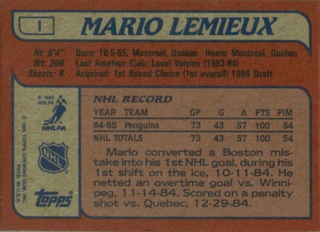 1985 Topps Box Bottoms I Mario Lemieux Hockey Card Reverse Side With Statistics and Biography