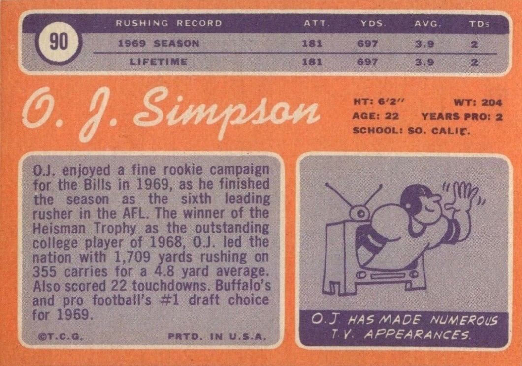 1970 Topps #90 O.J. Simpson Rookie Card Reverse With Statistics and Biography