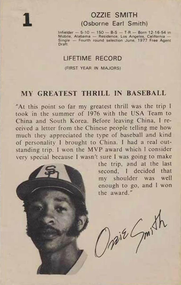 1978 Family Fun Centers #1 Ozzie Smith Baseball Card Reverse Side With Personal Information and Statistics